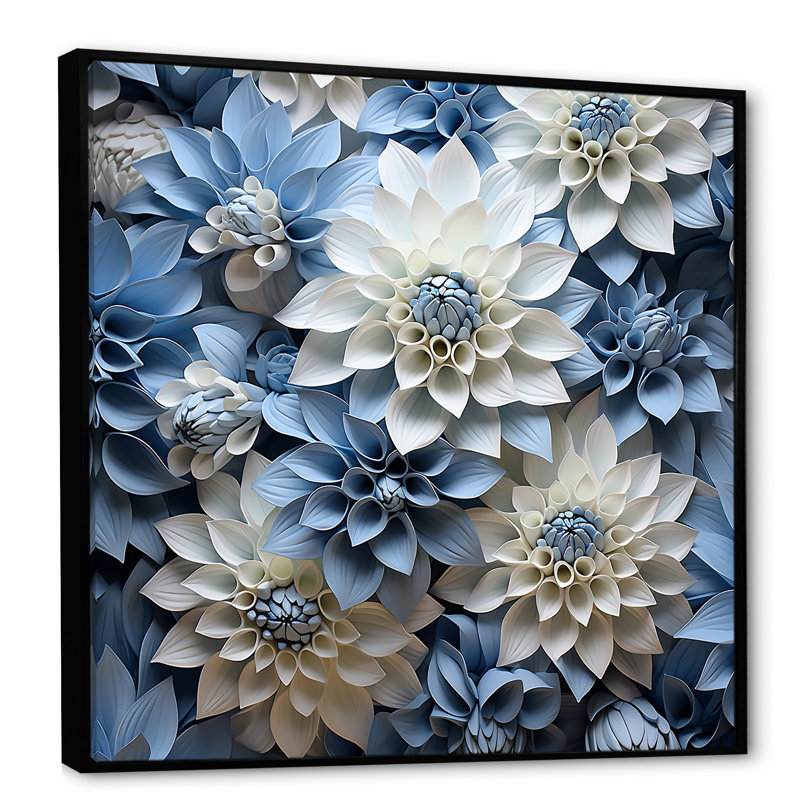 «Blue and White Dahlia Blossom Delight II», reproduction sur toile, Cadre flottant noir, 16" H x 16" W
