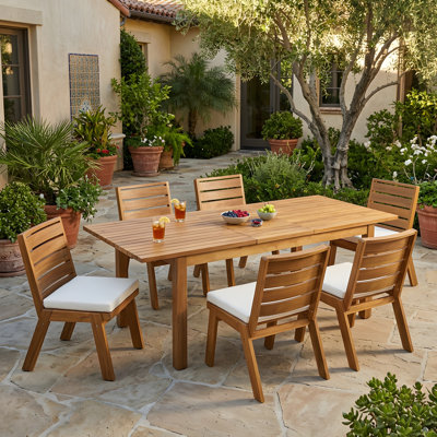 Ensemble de salle à manger d'extérieur en bois d'acacia 7 pièces, 6 grandes chaises et 1 grande table, résistant aux intempéries et extensible pour diverses réunions