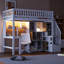 Lit mezzanine simple en bois avec bureau intégré, DEL, tablettes de rangement, armoires et escalier-1450157158
