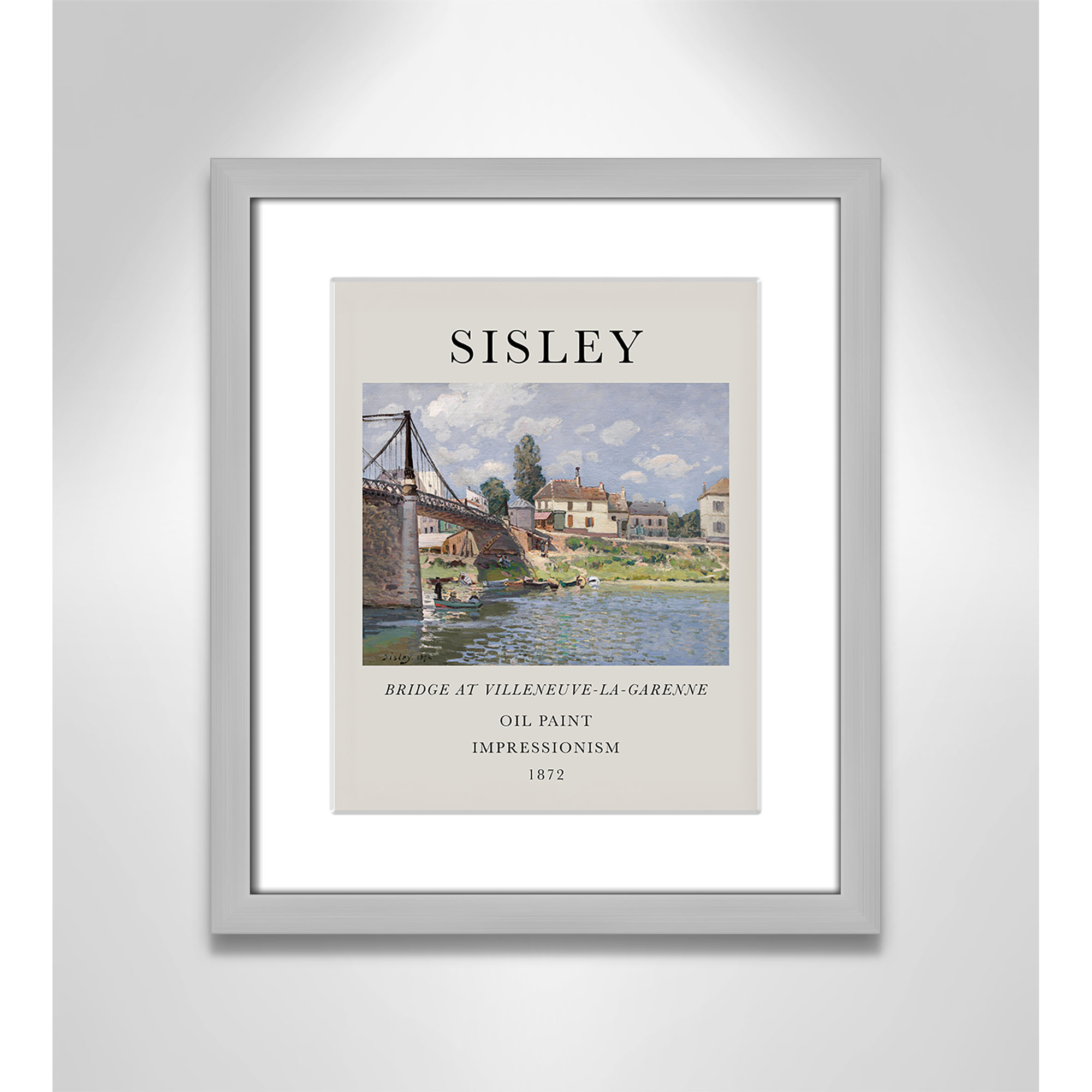 Old Masters Collection " The Bridge At Villeneuve " by Alfred Sisley, 15" H x 13" W x 1.25" D, Silver Single Picture Frame