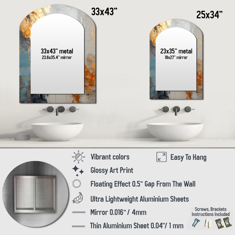 Gold and grey Modern liquid Shapes III - Shapes Asymmetrical Large Wall Mirror, Modern Arch Unique Mirror, Printed Metal Art