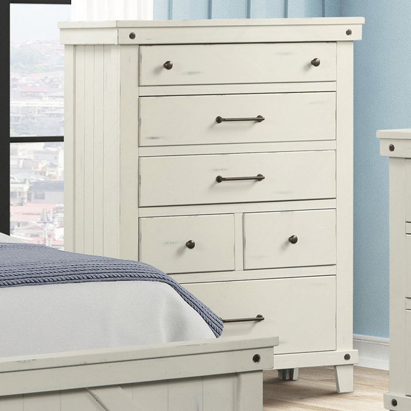 Commode à tiroir, commode vieillie à 6 tiroirs, placage de bouleau et pin massif, quincaillerie en laiton bruni, commode rustique chic pour la chambre à coucher