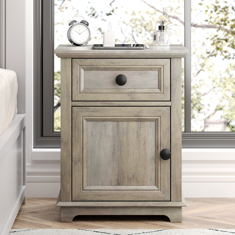 Branimir 1-Drawer Nightstands with Storage and Built-In Outlets, Gray
