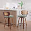 Set of 2 26-Inch Counter Height Bar Stools - Walnut Black, Cane Rattan Back, Light Green Linen Upholstered Seat, Swivel Design for Kitchen Island/Bar/Counter