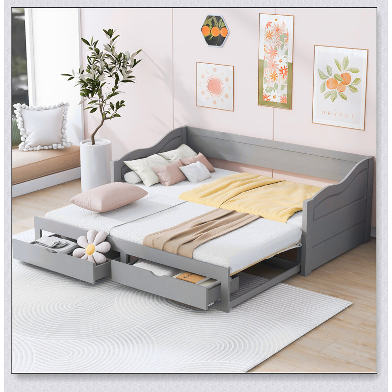 Wooden Daybed With Trundle Bed And Two Storage Drawers , Extendable Bed Daybed,Sofa Bed With Two Drawers, Gray