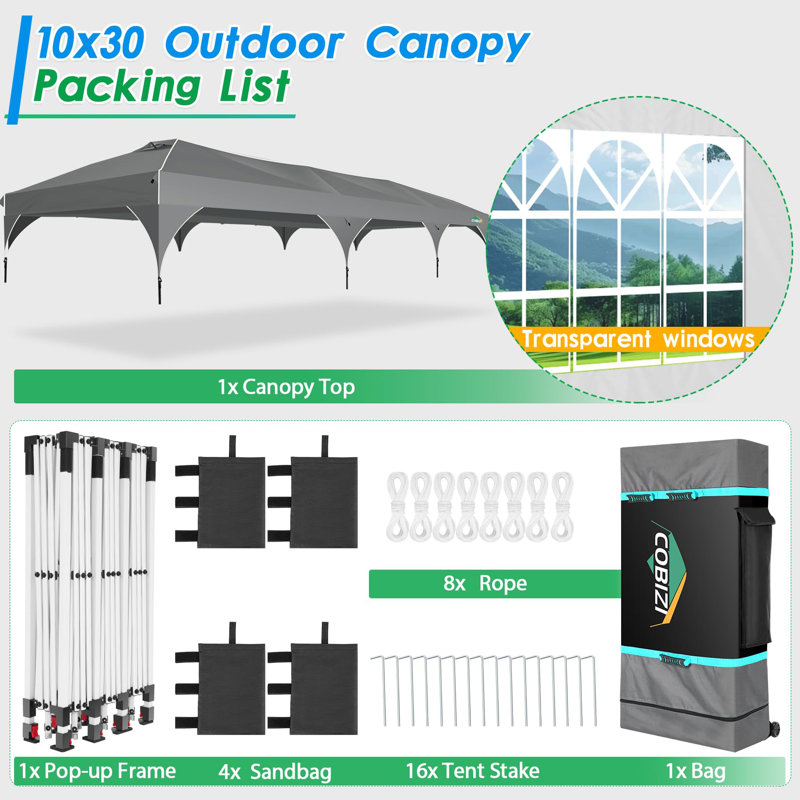 COBIZI 10x30 Party Tent Pop Up Canopy with Wheeled Bag - Tents for Parties with Patented Center-Lock Tech, 420D Waterproof Fabric, Easy Setup Canopy Tent with Removable Sidewalls