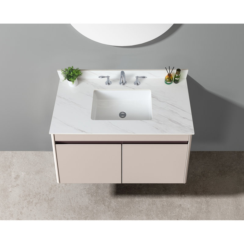 Plateau de meuble-lavabo 43 po - blanc avec dosseret de 4 po, lavabo rectangulaire et dosseret de luxe en pierre frittée, 43"