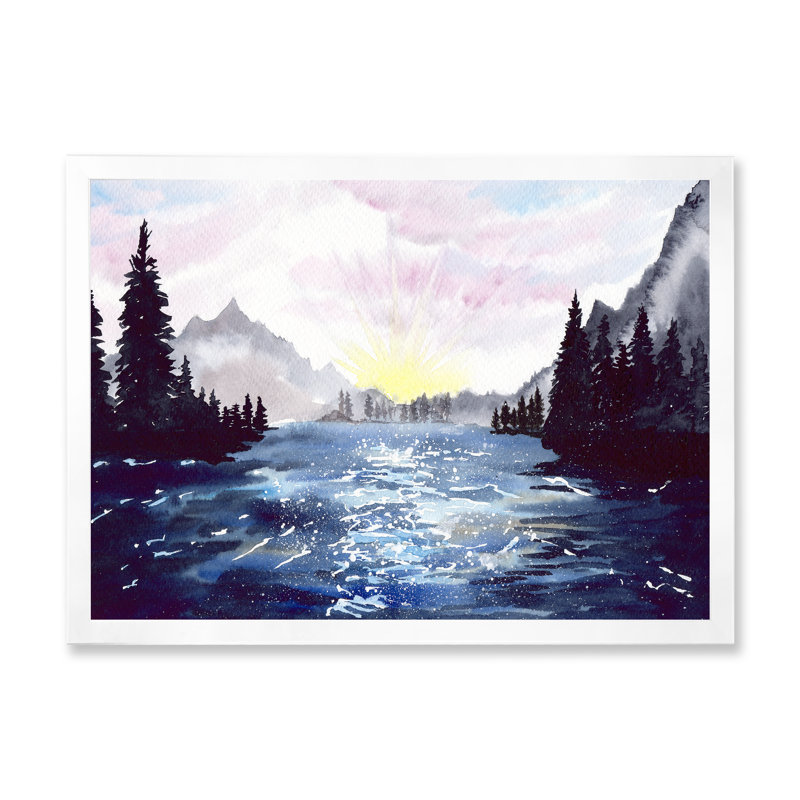 Paysage de montagne avec forêt de grands sapins - peinture sur toile, H 34 po x l 44 po, Cadre de coin blanc fermé