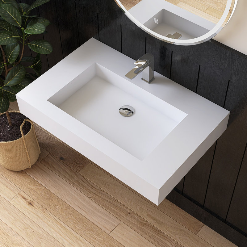 Lavabo de salle de bain mural 30 po, surface solide blanc mat avec trou pour robinet, vasque rectangulaire avec simple cuve