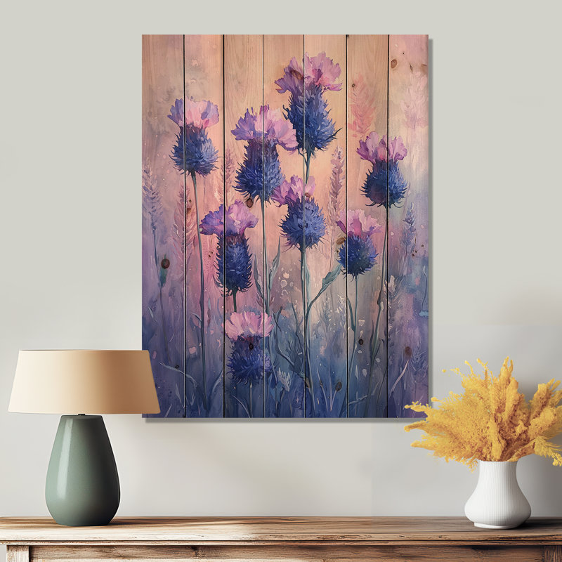 Rêve de champs de bleuet en mauve I - impression sur bois de bleuet - sur bois de pin naturel, H 20 po x l 10 po x P 0,78 po