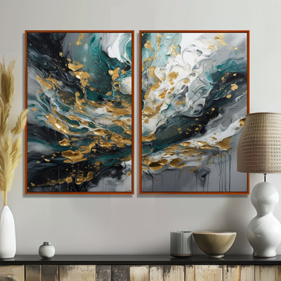 Gold Teal Ink On Stone - Abstract Art Prints On Canvas
