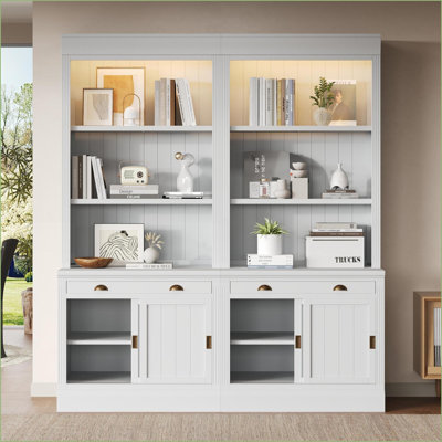 Bibliothèque moderne de 83,4 po avec éclairage DEL, portes coulissantes, tiroirs et bibliothèque Tablettes réglables | Blanc neige | Bois massif et panneau de fibres à densité moyenne