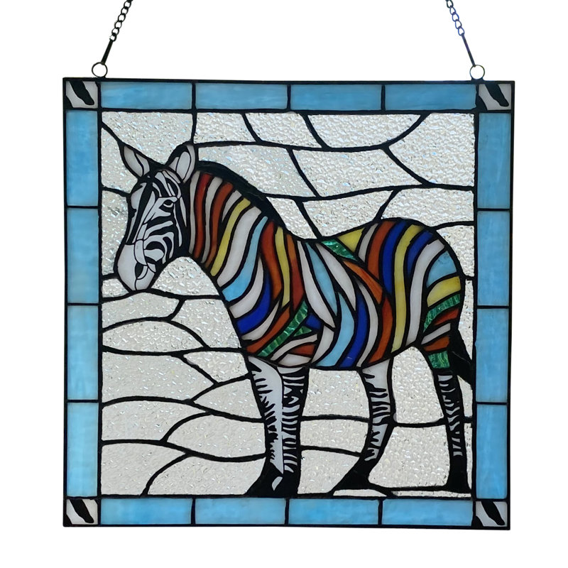 12"H Rainbow Stripe Zebra Stained Glass Window Panel