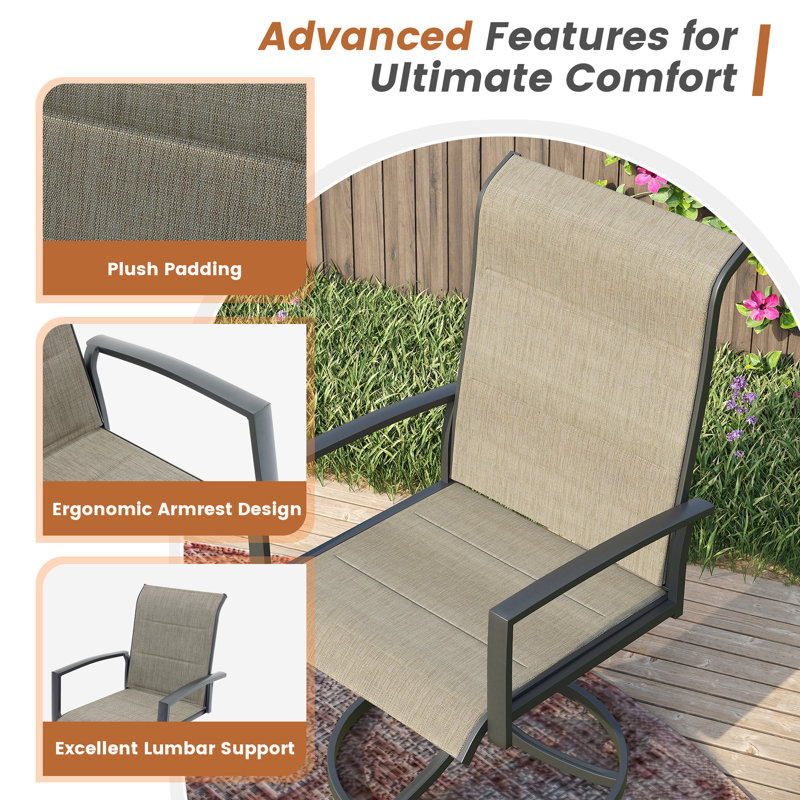 4-Person Patio Dining Set with Metal Round Dining Table and Padded Swivel Chairs, Brush Wood Brown/Brown