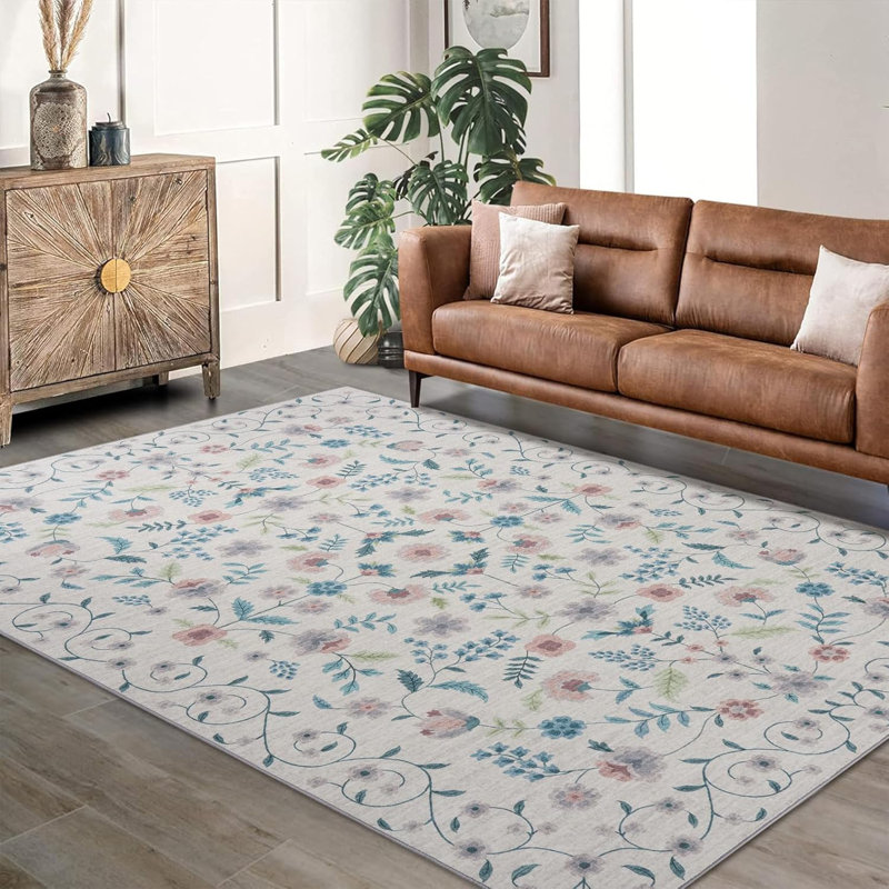 Tapis floral lavable de 10 pi x 13 pi idéal pour la salle à manger, Beige