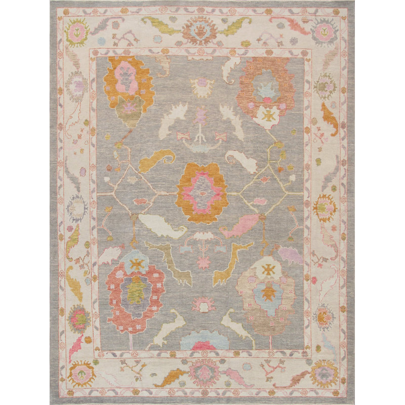 Elegant Taupe Floral Hand-Knotted Wool Rectangular Rug