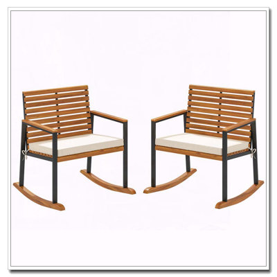 Ensemble de 2 chaises berçantes en bois d'acacia avec coussins et capacité de charge de 160 kg