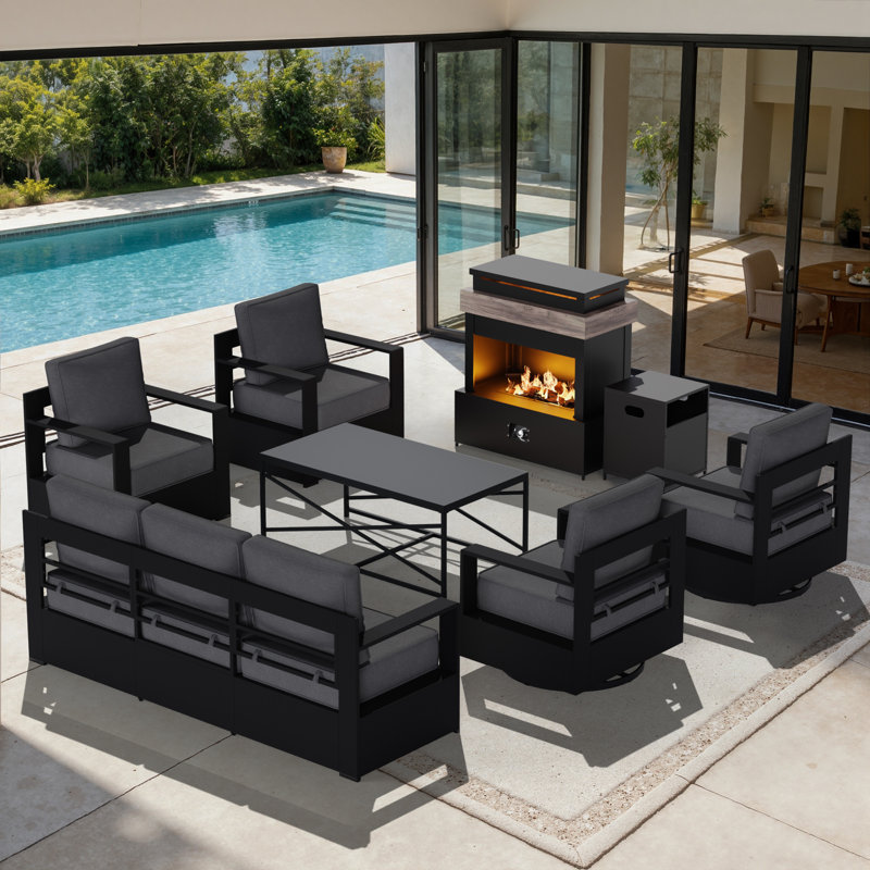 Abdullah 7-Piece Modern Aluminum Outdoor Patio Furniture Set with 50000 BTU Fireplace,4 Chairs,Coffee Table & 6 Inch Grey Cushions