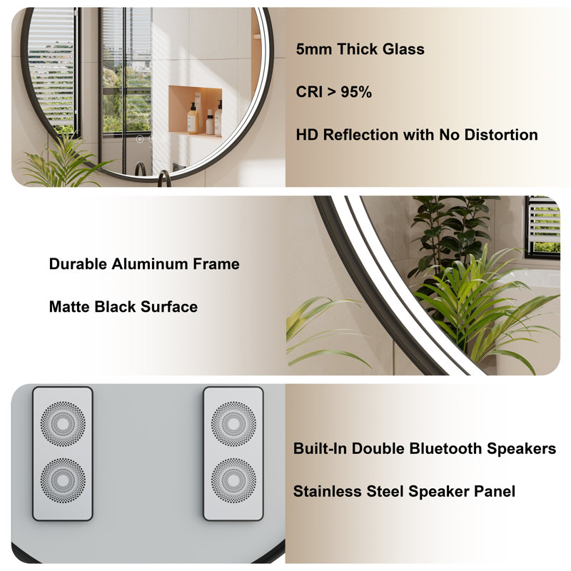 Bluetooth LED Round Mirror for Bathroom, Dimmable Light, 3000K/4500K/6000K Temperature, Anti-Fog, Memory Function, Black / Gold Aluminum Frame