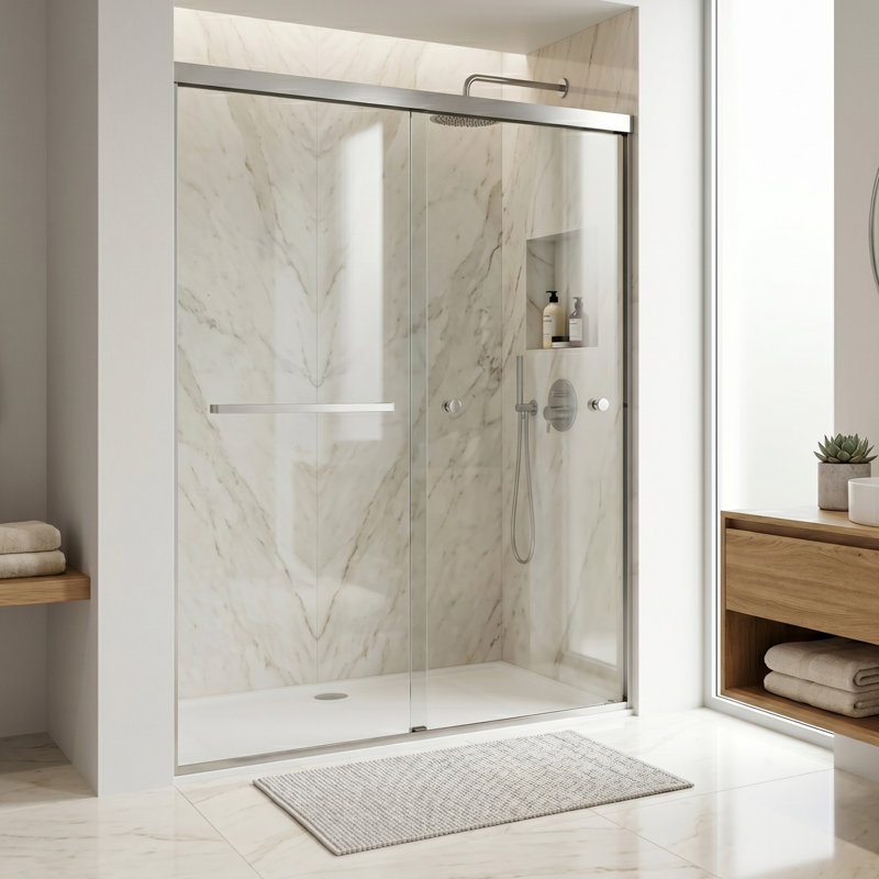 VIGO Satro E-Class 52"–60" W x 74" H Semi-Frameless Double Sliding Shower Door in Brushed Nickel with Clear Tempered Glass