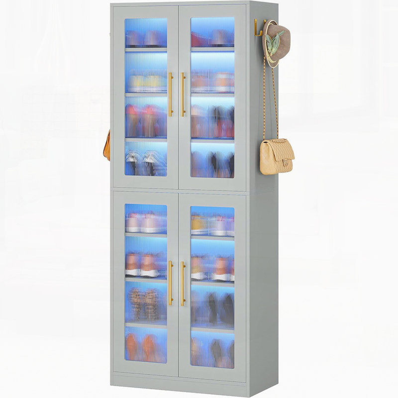 Armoire de rangement de 67 po de hauteur avec portes, DEL et 8 tablettes réglables pour le salon, Gris