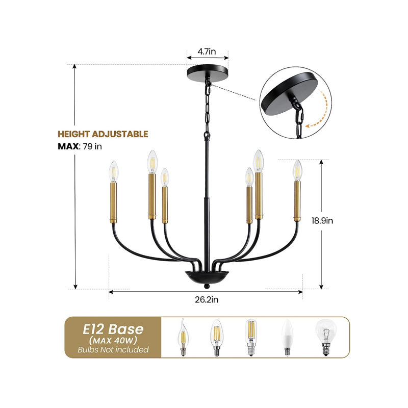 Lustre à 8 lumières, 6 ampoules