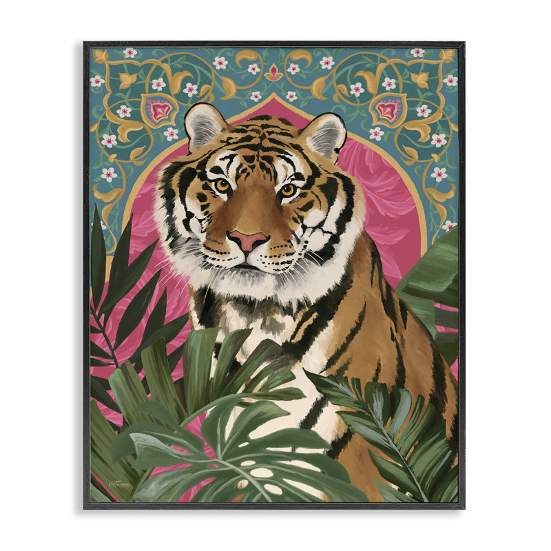 Tigre et plantes Arabesque, estampe numérique par Cat Thurman Designs, H 14 po x l 11 po, Giclée encadrée noir minuit