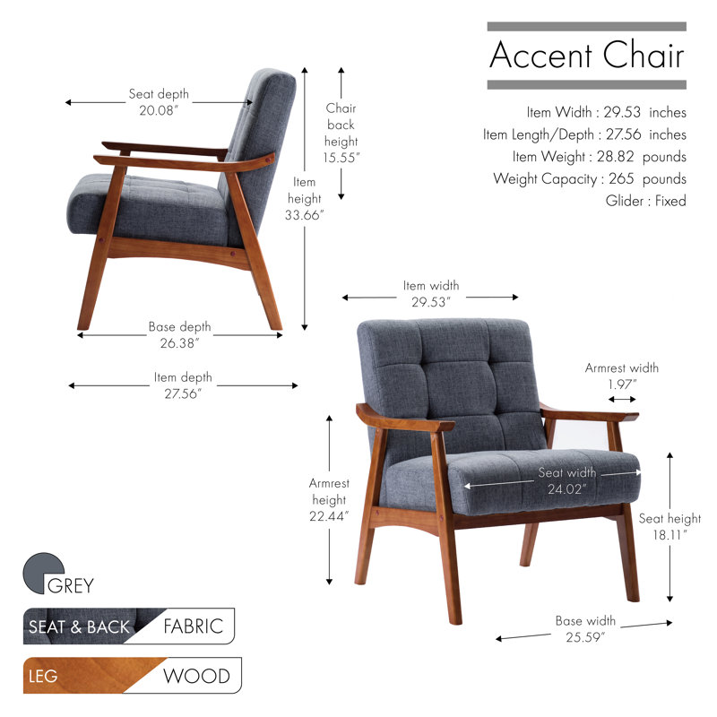 Ameer Tufted Fabric Accent Chair with Rubberwood Legs, Gray Polyester Blend