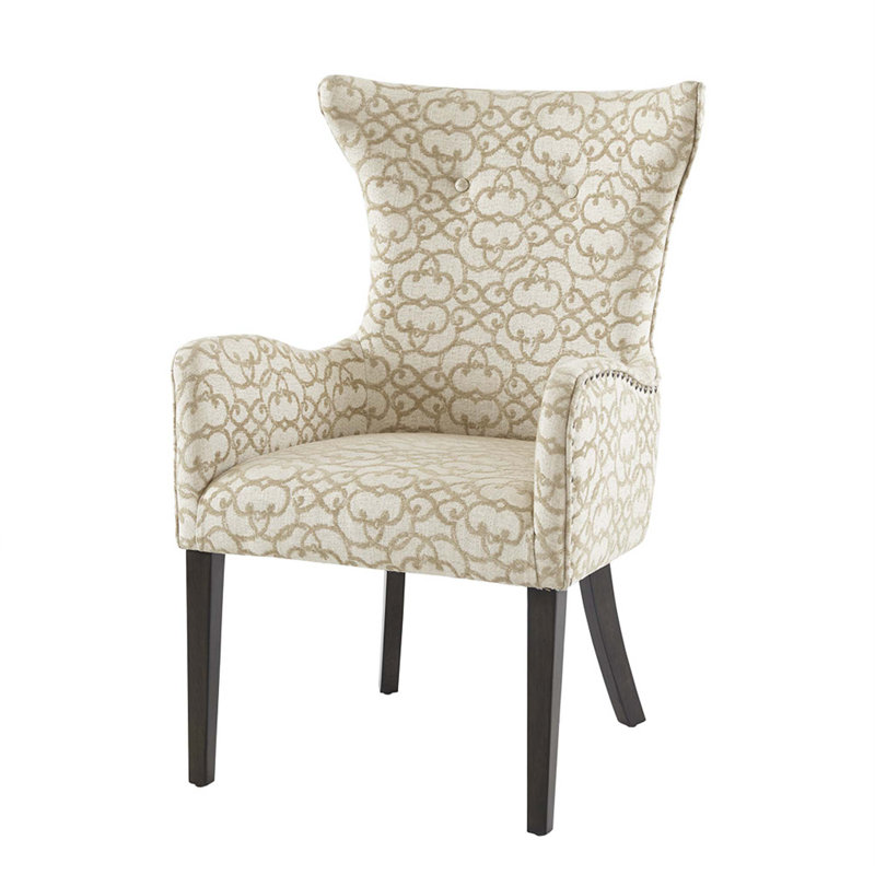 Tan Linen Upholstered Arm Chairs with Wood Legs, Set of 2