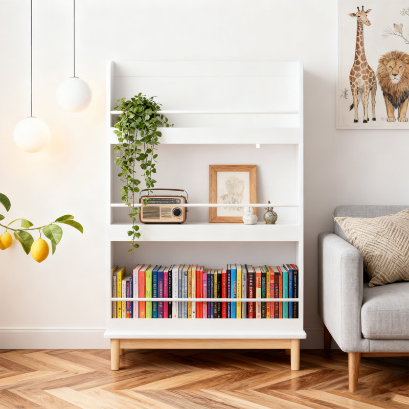 Wall-Mounted Kids Bookshelf With 3 Front-Facing Display Shelves, Modern Book Rack With Wood Base For Toddler Bedroom, Nursery Or Playroom
