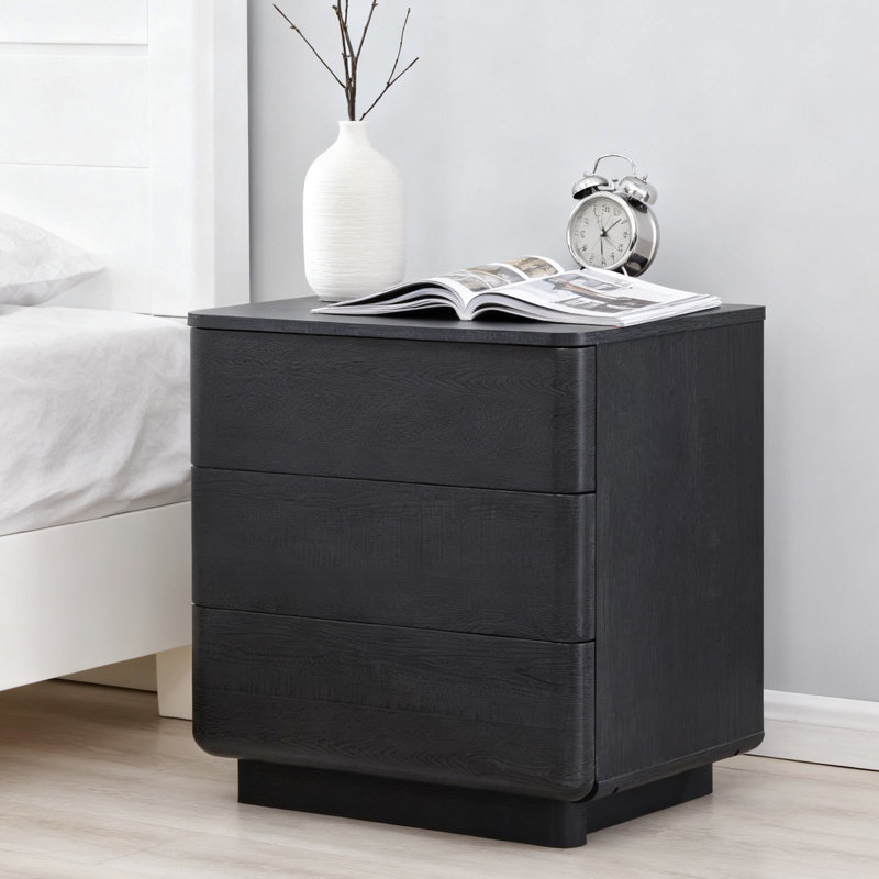 Modern 3 Drawer Nightstand With Charging Station, Push-To-Open Handleless Design, Black, Black