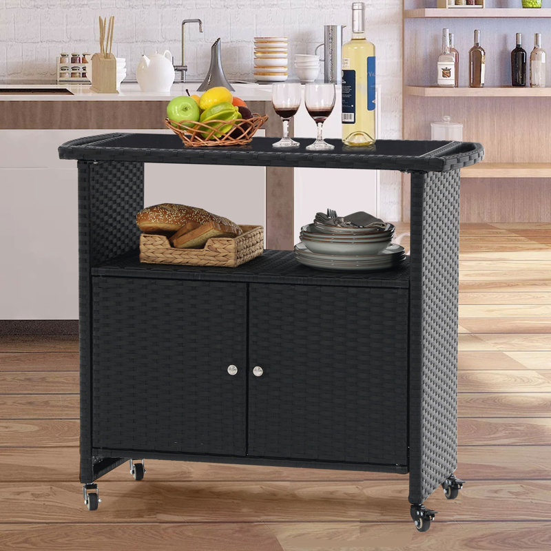 Bar Cart Portable Outdoor Table made of durable FE rattan with tempered glass table top