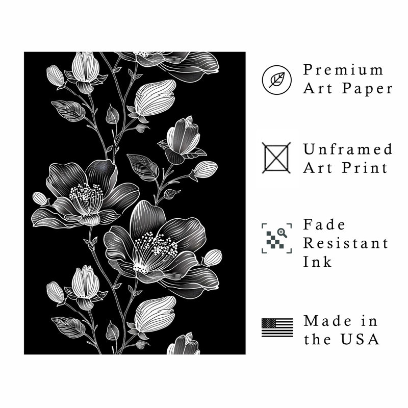 Floral noir et blanc, fleur de Draeam VI, impression d'art moderne sans cadre, H 10 po x l 8 po