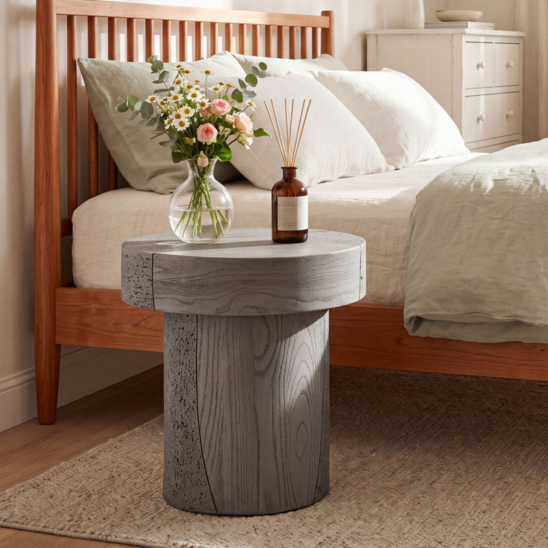 Round Side Table With Wood & Travertine Textured Finish