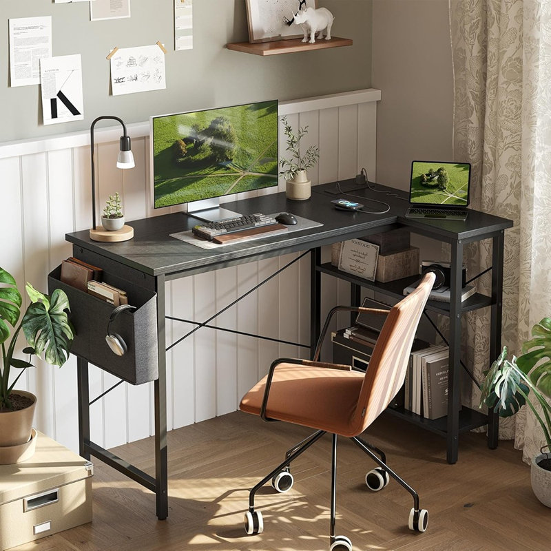 Petit bureau d'ordinateur avec prises de courant, bureau en L de 40 po avec tablettes réversibles