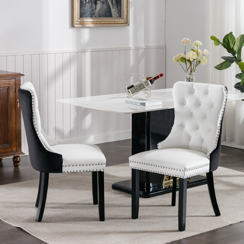 Lennox PU & Velvet Upholstered Dining Chairs with Wood Legs, Black/Orange, Black, 2