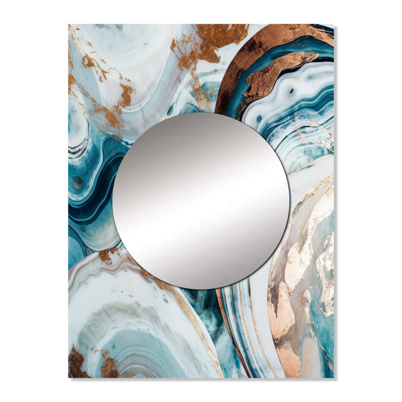 Demi-cercle bleu doré abstrait V - miroir mural décoratif en marbre, grand miroir moderne, impression d'art en métal