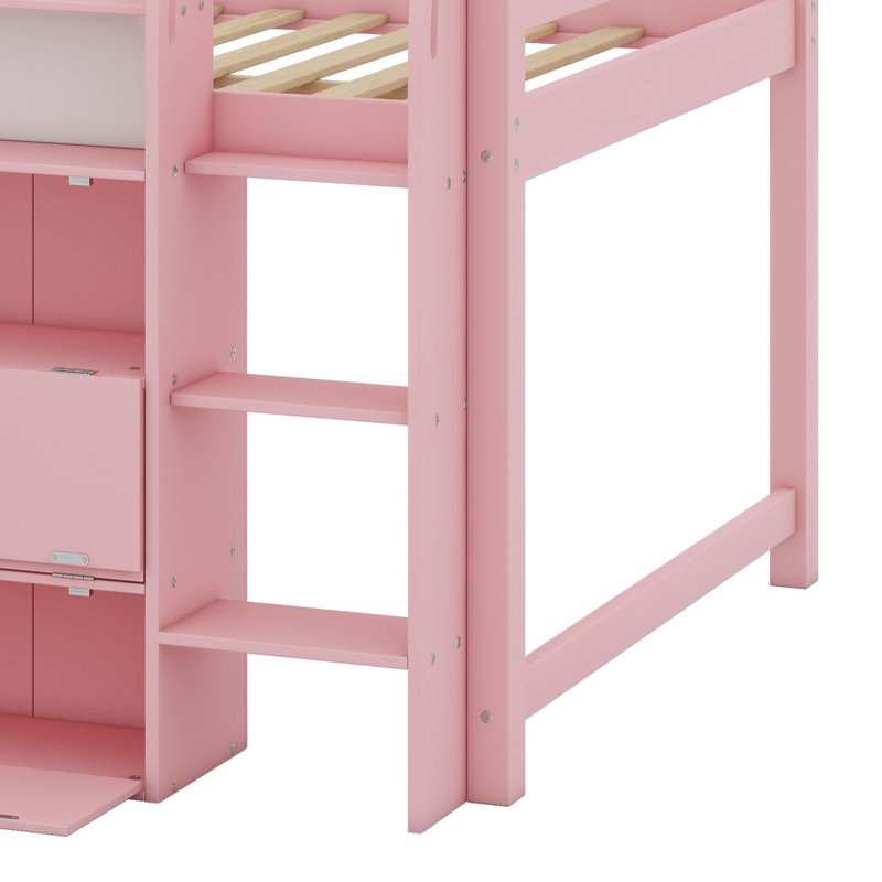 Low Loft Bed With Built-In Desk, Pink