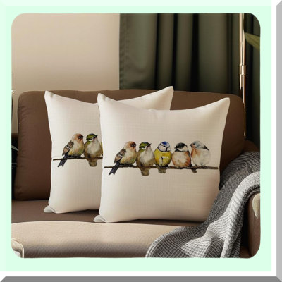 Watercolor Birds Rustic Pillow Covers - Hand-Painted Decorative Throw Pillows for Home Couch Sofa Outdoor - Spring Decorations - Square