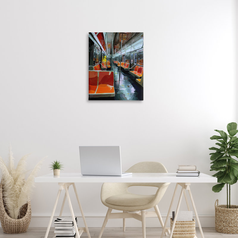 Bird Character in Subway Train Canvas, design by Keith Thomson, 30" H x 24" W