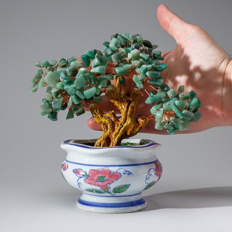 Genuine Green Aventurine Gemstone Bonsai Tree in Round Ceramic Pot (7")