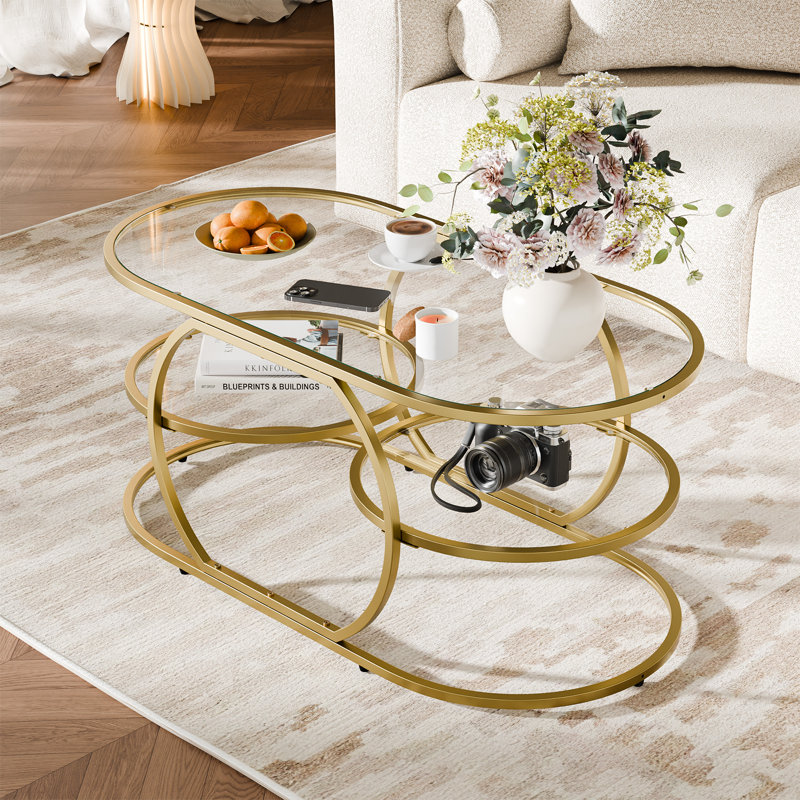 40" Glass Top Coffee Table With Metal Frame, Gold