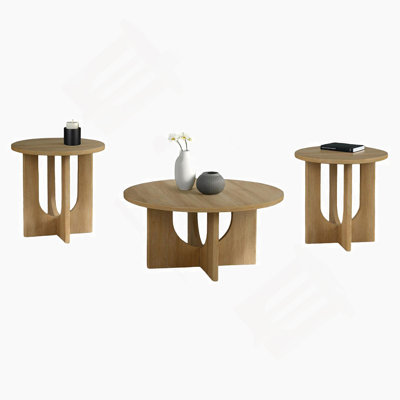 Contemporary Style 3Pc Table Set 1X Round Coffee Table 2X Round End Table Cross Arch Base Natural Finish