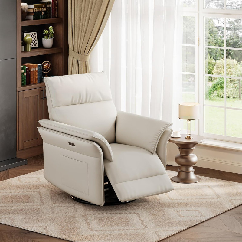 Power Recliner 270° Swivel Glider with USB, Chenille, Warm White, Beige