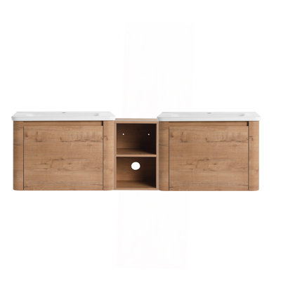 Meuble-lavabo mural 68 po avec lavabo en céramique blanche et tablettes de rangement et 2 portes à fermeture en douceur, emballage KD, contreplaqué