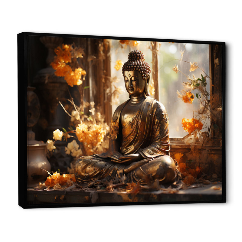 Bouddha doré thaïlandais - art mural de la Thaïlande, Cadre flottant noir, H 34 po x l 44 po x P 1,5 po