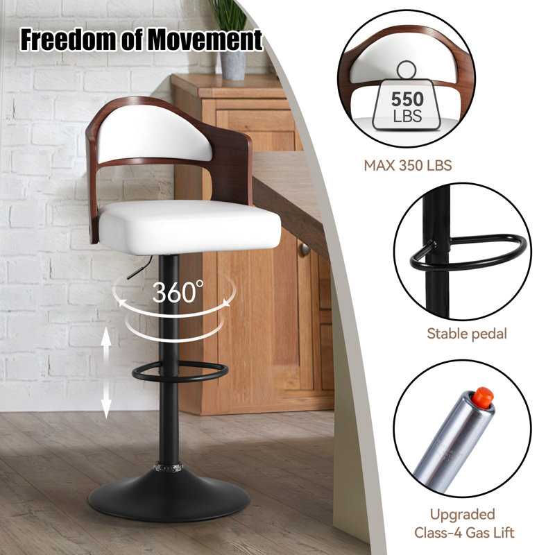 Modern White Microsuede Upholstered Metal Frame Swivel and Height Adjustable Bar Stools Set of 2, White