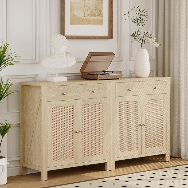 Buffet en rotin avec tiroirs et tablettes réglables - Style campagnard