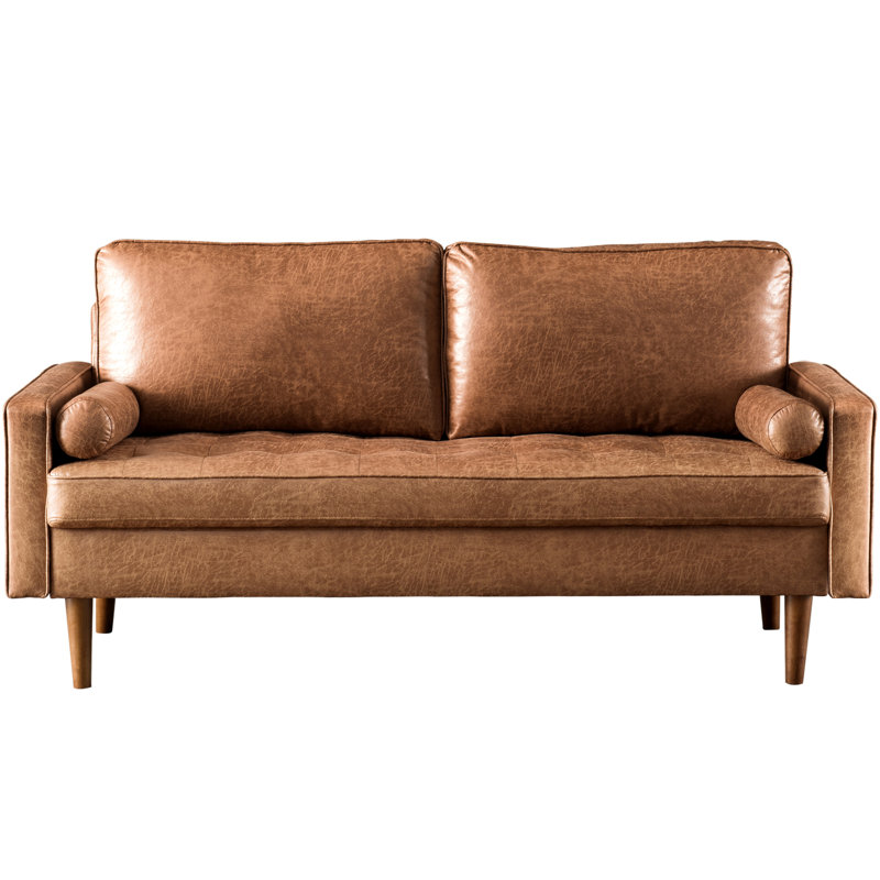 Aisha 70" Faux Leather Square Arm Loveseat, Light Brown Faux Leather