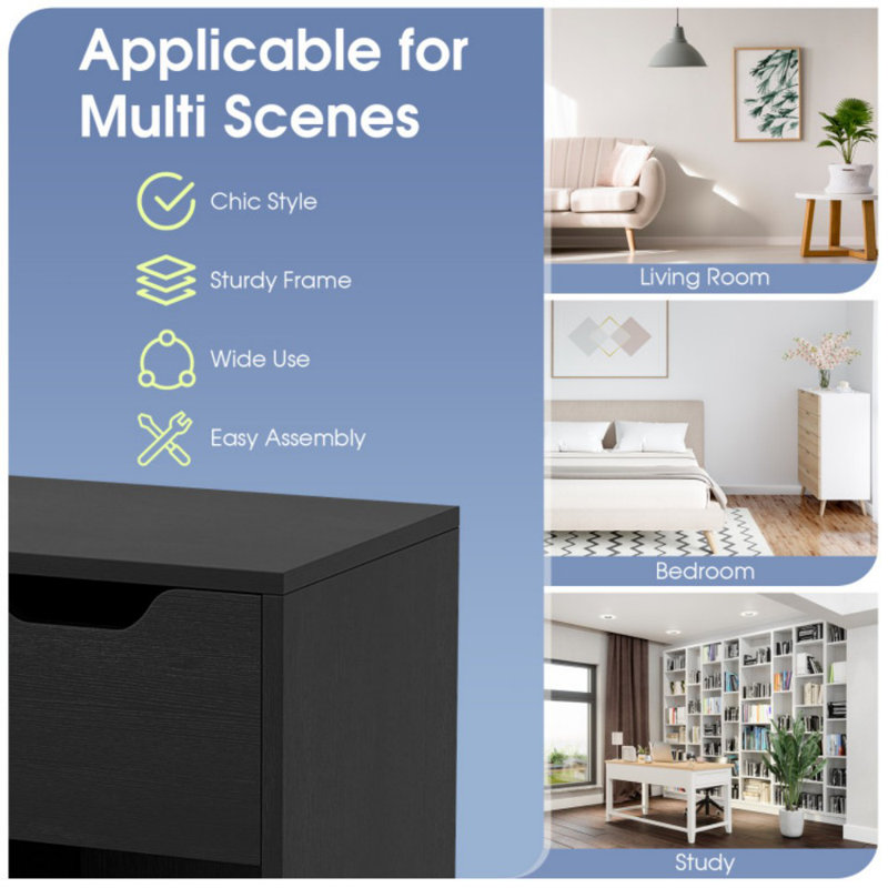 Étagère de rangement à 3 niveaux avec 3 tiroirs et tiroir en bois, Noir